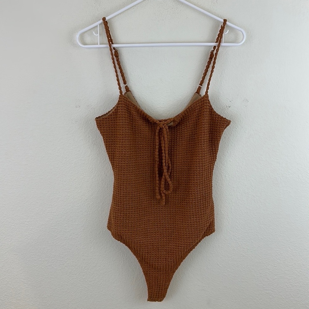 Lulus Knit Front Tie Brown Bodysuit